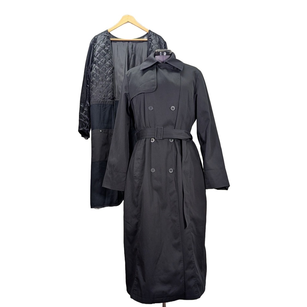 Pendleton Trench Coat Women's Large Black‎ Long Belted Quilted Liner